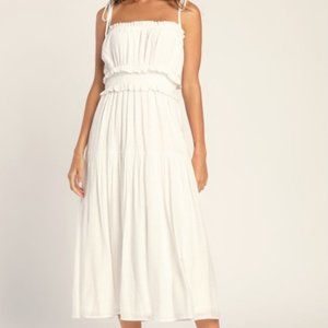 Lulu's Strolling Santorini White Tiered Smocked Tie-Strap Midi Dress